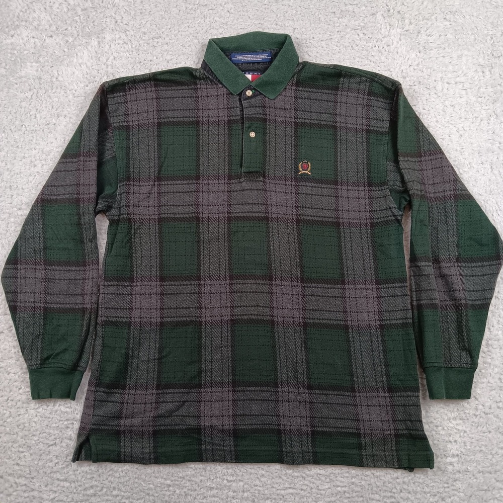 VTG Tommy Hilfiger Polo Shirt Men L Green Plaid Long Sleeve Crest Logo
